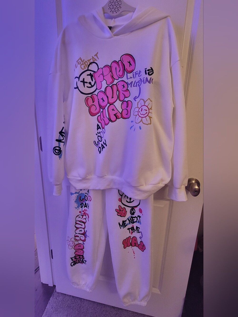 White Women's Graffiti Hoodie & Jogger Pajama Set - Size L